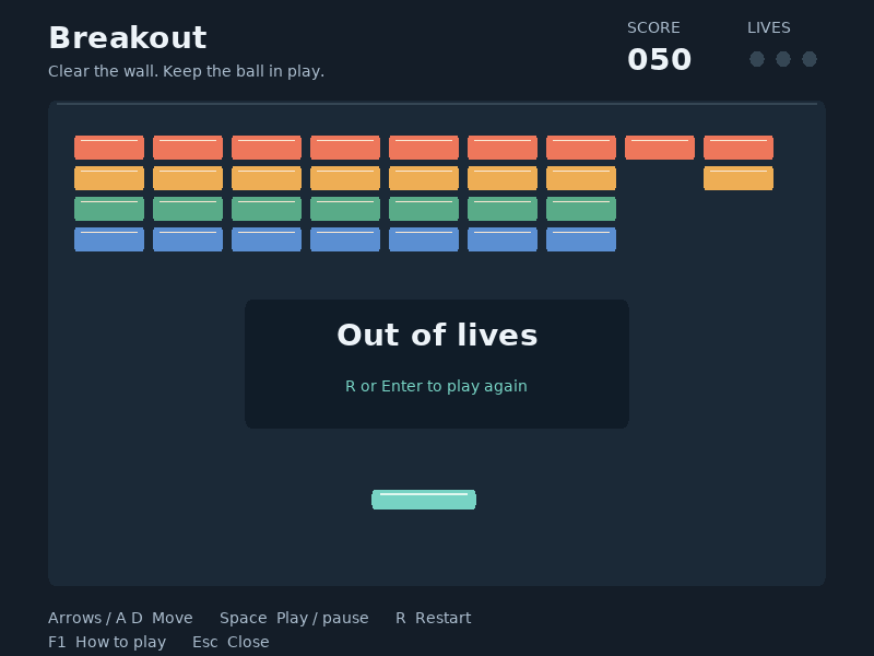 The round ends after three misses and offers a clear restart.