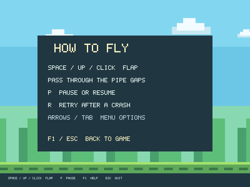 Controls and pipe navigation in a help screen that freezes play.