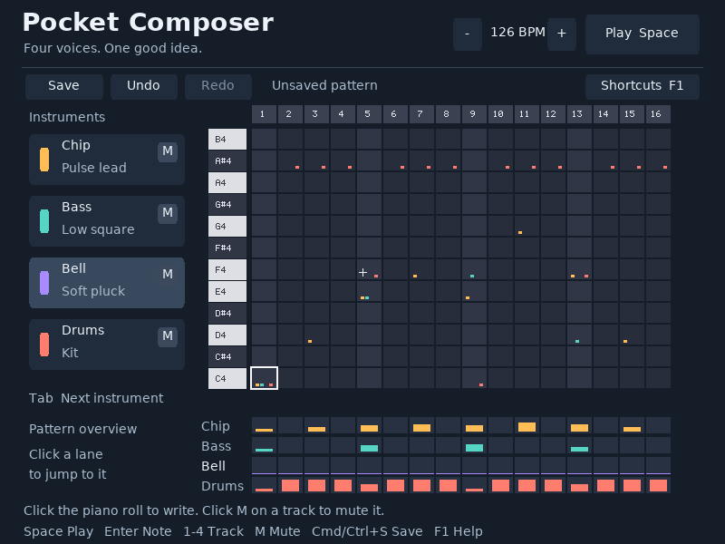 Clear removes only the selected instrument; Undo restores the previous pattern.