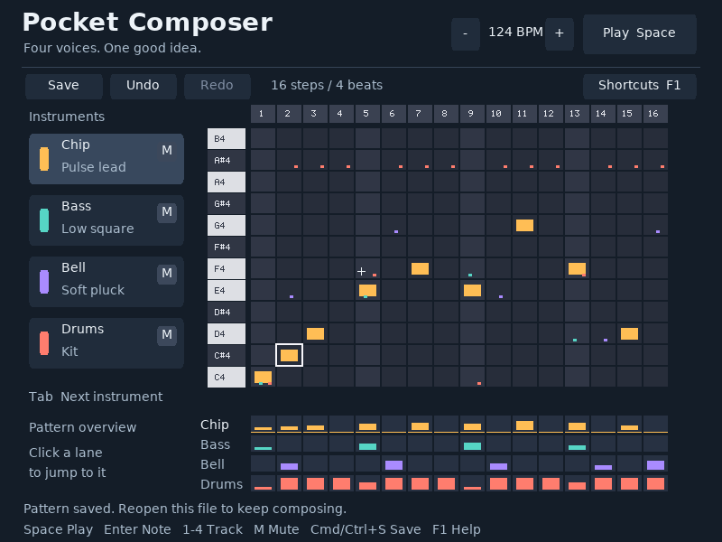 Command-S saves a reloadable pattern including tempo and mute states.