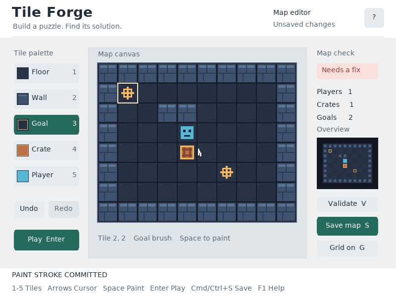 The Undo button becomes available after a tile change, while saved state remains explicit.
