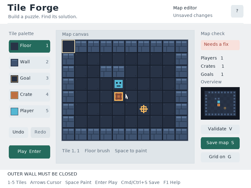 Removing an outer wall creates a visible validation warning and blocks playtesting.