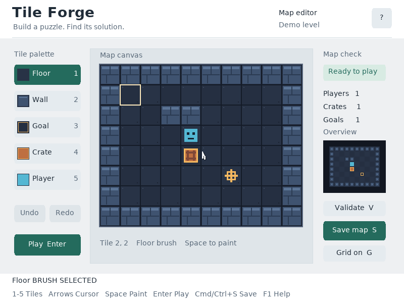 Arrows move a tile cursor; Space paints the selected brush.