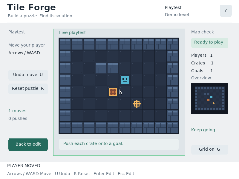Playtest uses an isolated copy of the objects, with real Undo and Reset controls.