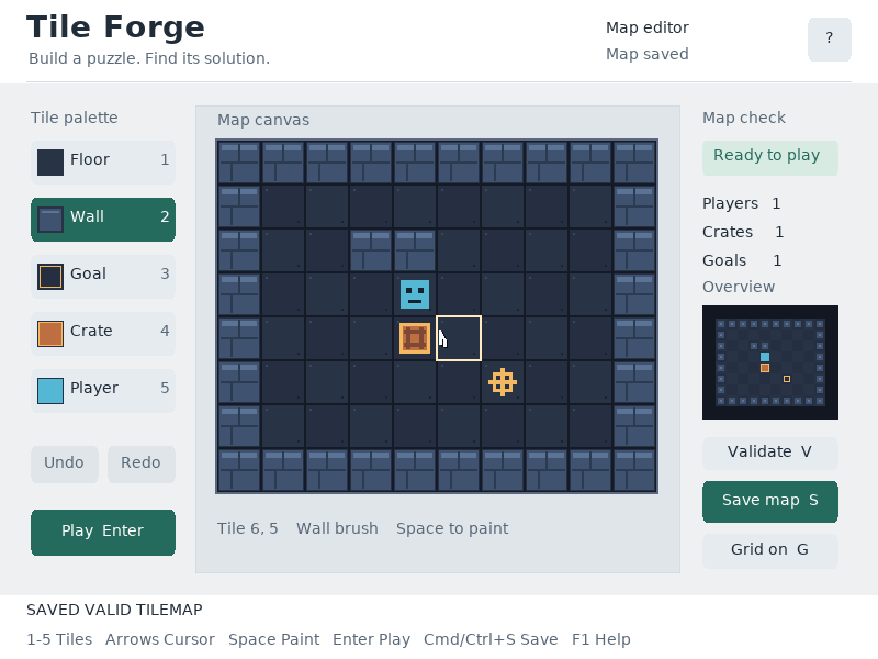 Command-S writes a map file and reports whether it is a valid puzzle or a draft.