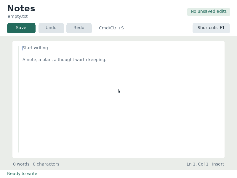 The writing surface stays central, with a real Save button, edit history and word count.