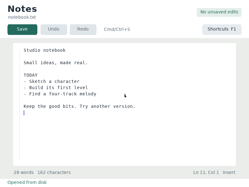 The full-width page keeps the note readable without an inspector competing with the text.