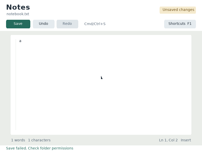 A missing output folder produces a visible failure and keeps the document unsaved.