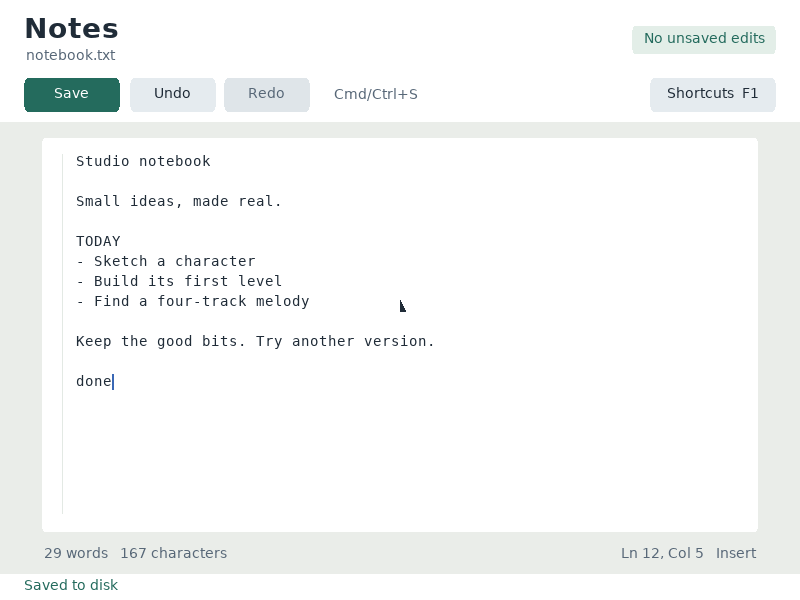Command-S writes the actual text file atomically and confirms success in the status bar.