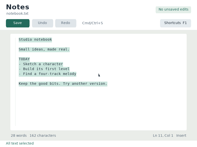 Command-A selects the document; Shift+arrows and mouse dragging select a smaller passage.