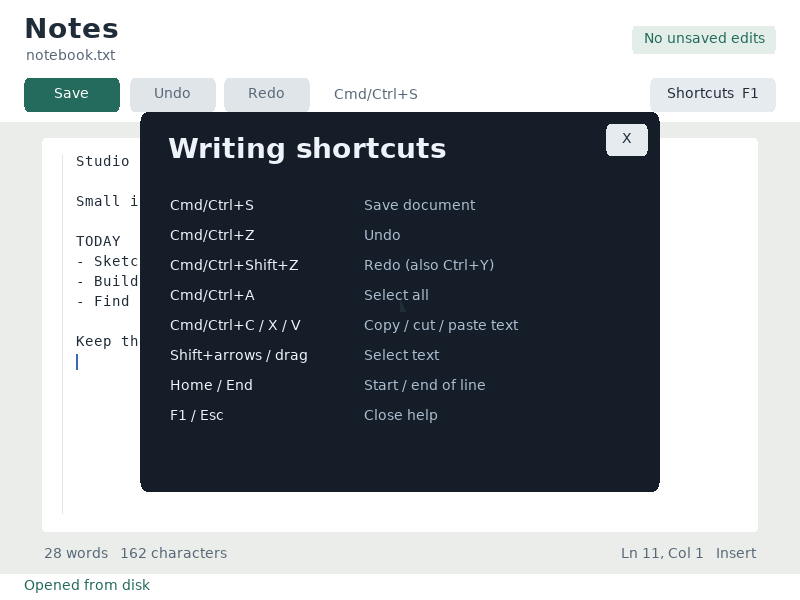 The help overlay captures editing input while modifier and pointer releases remain tracked.