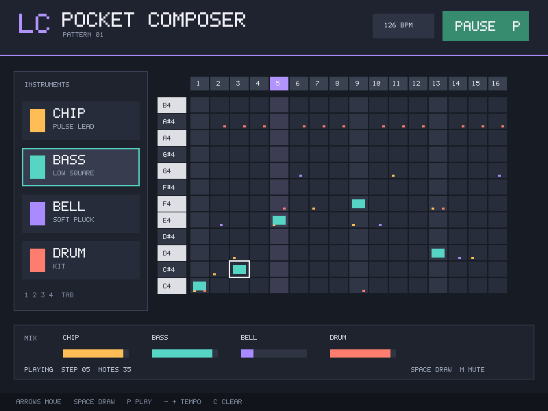 A three-track music sequencer running in lcom-ng