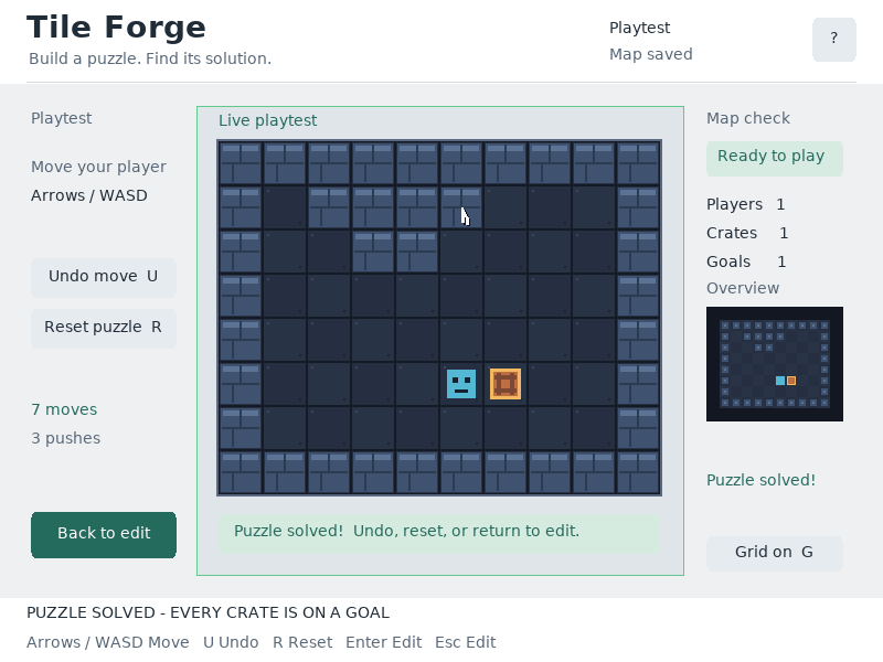Tile Forge showing a Sokoban map canvas, tile palette, validation panel, minimap, and editor controls